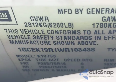 1998 Chevrolet K1500 Fleetside z USA, uszkodzony, nr VIN 1GCEK19R1WR103438